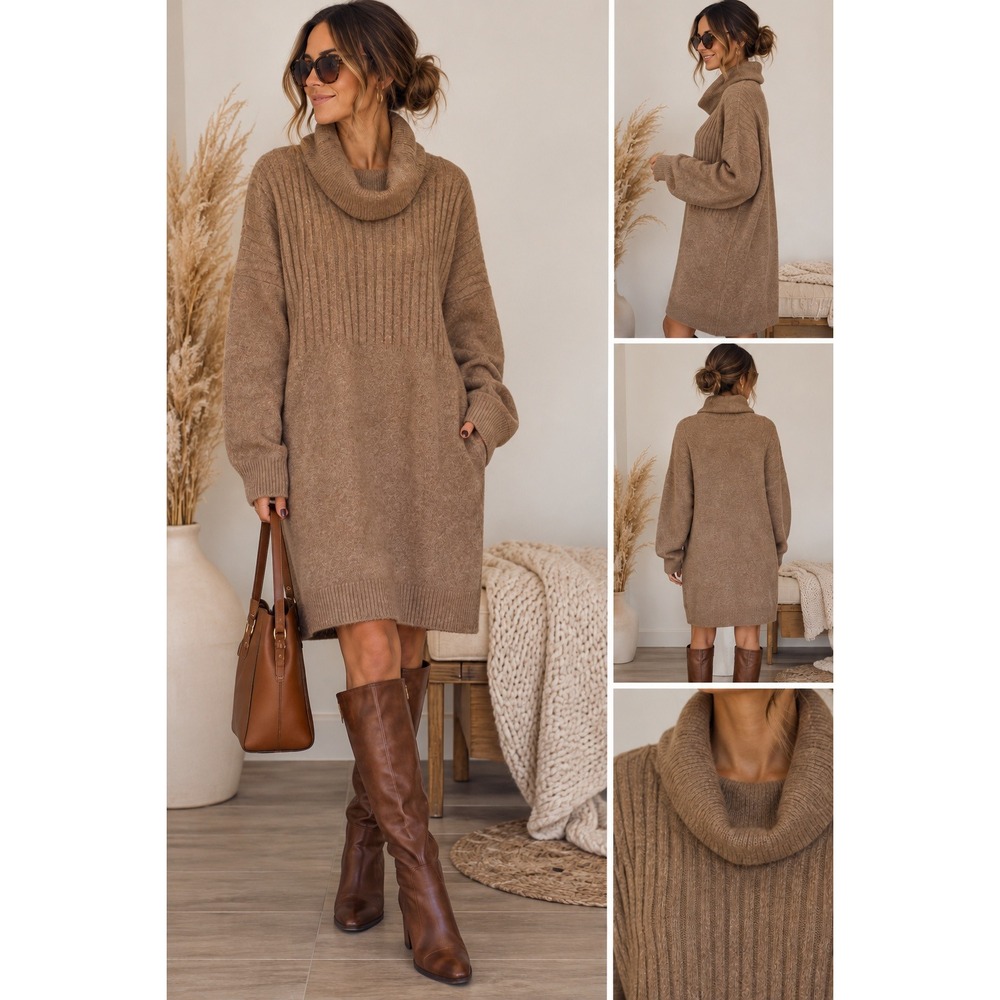 Rickis Cowl Neck Ribbed Knit Sweater Dress Camel Brown XL Oversized Cozy